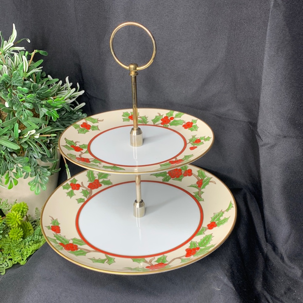 Fitz and Floyd “Christmas Holly” 2 tiered tidbit / dessert tray
